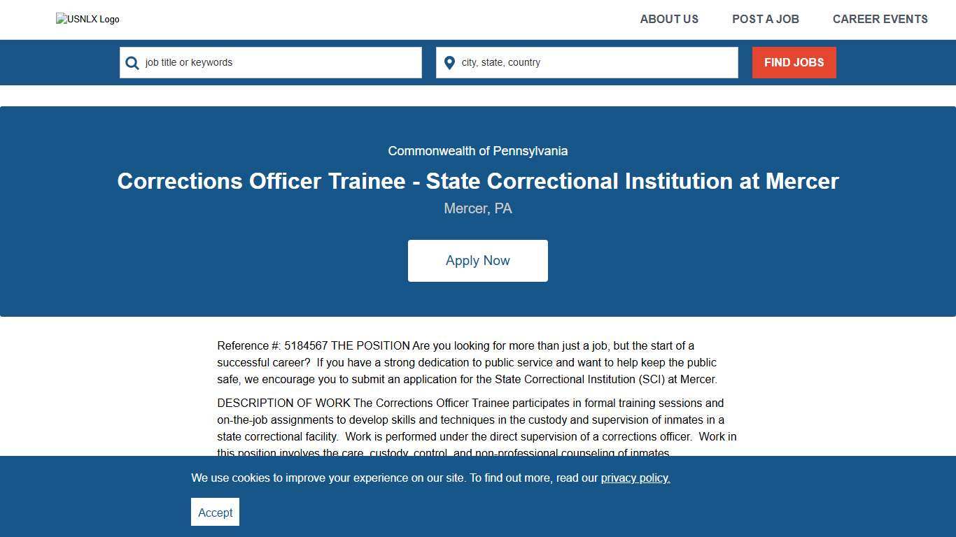 Corrections Officer Trainee - State Correctional Institution at Mercer at Commonwealth of Pennsylvania US National Labor Exchange