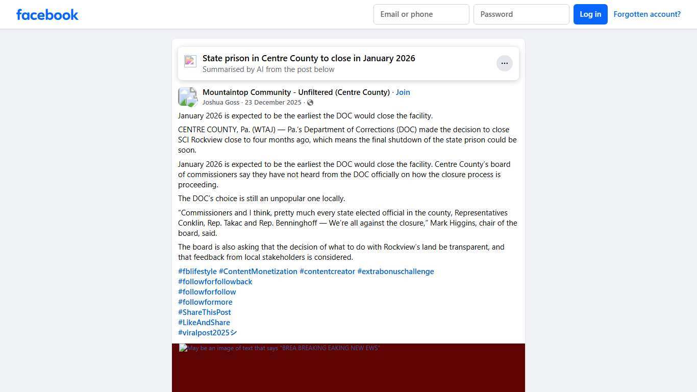 Mountaintop Community - Unfiltered (Centre County) January 2026 is expected to be the earliest the DOC would close the facility Facebook