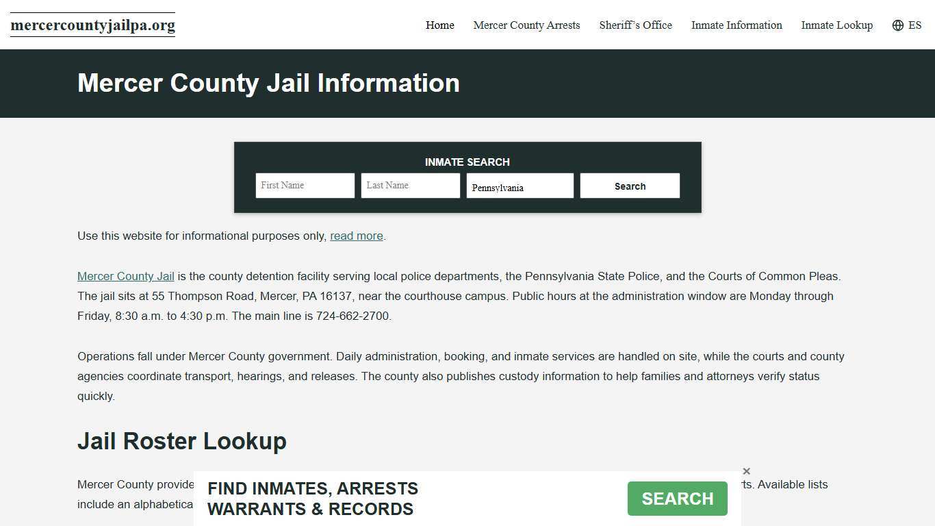 Mercer County, PA Jail Roster, Inmate Info